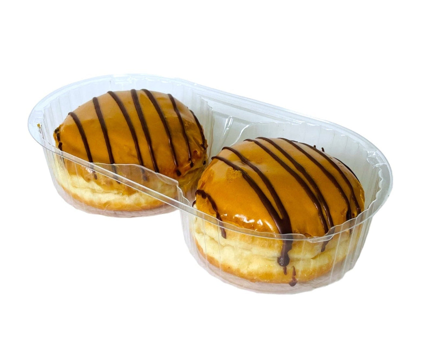 2 Cavity Tray (215x115x45mm) with two doughnuts, made from up to 75% recycled content, fully recyclable, clear design for easy product visibility, ideal for L-Sealing or flow wrapping.