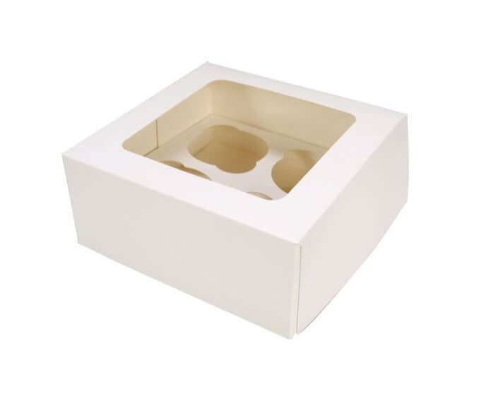 White cupcake window box with insert card for 4 cupcakes – eco-friendly, secure packaging for cupcakes and treats