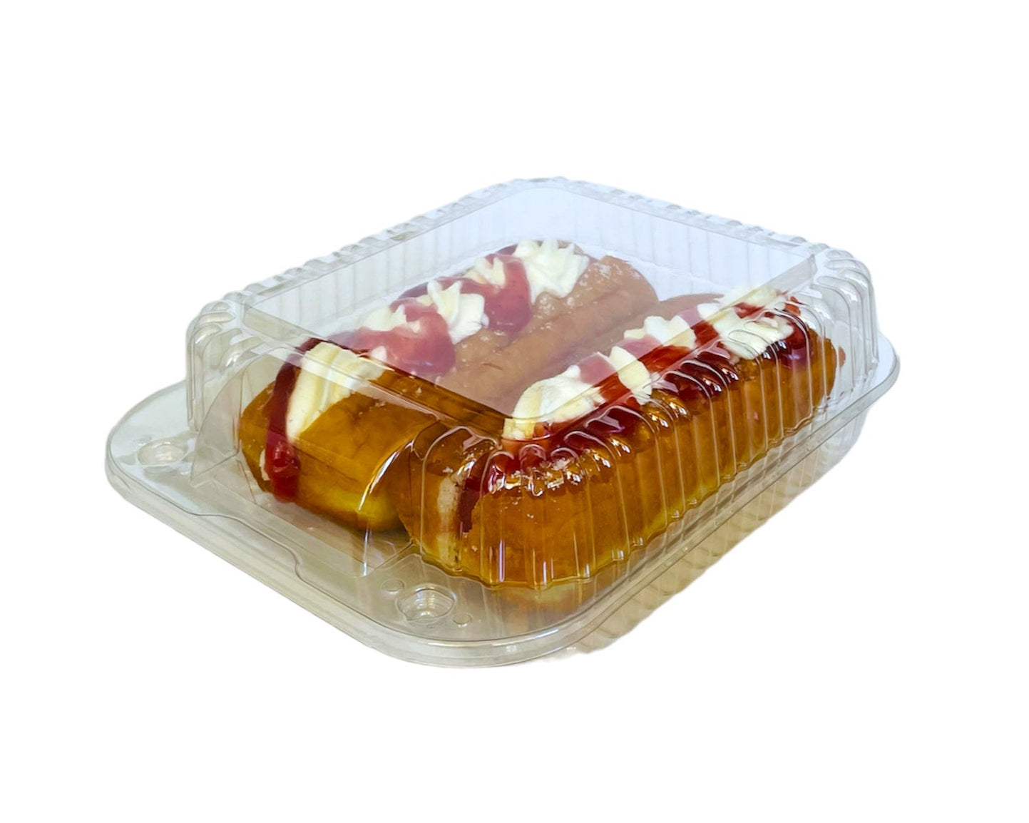 Rectangle hinge pack (180x150x60mm) with two cream and jam doughnuts, made from 75% recycled content — fully recyclable, versatile packaging for bakery and butcher products, perfect for retail displays, wholesale, and secure delivery.