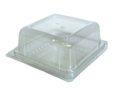 Eco-friendly square hinge pack (130x130x60mm) made from recycled R-PET, secure and recyclable packaging ideal for slab cakes and baked goods