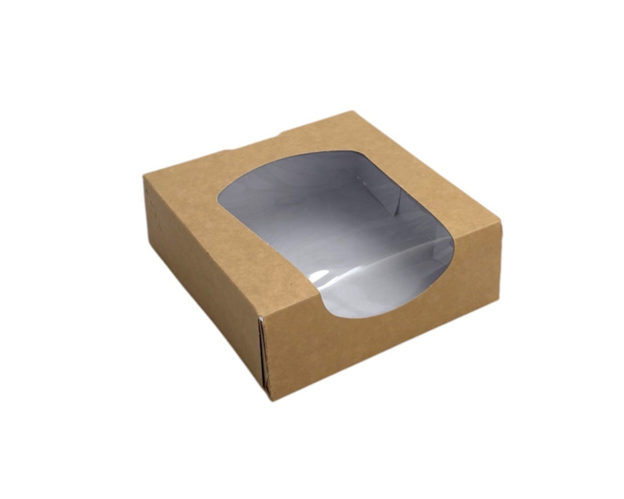 Small kraft window box (118x118x40mm) – eco-friendly, recyclable bakery packaging for cakes, pies, biscuits and dougnuts