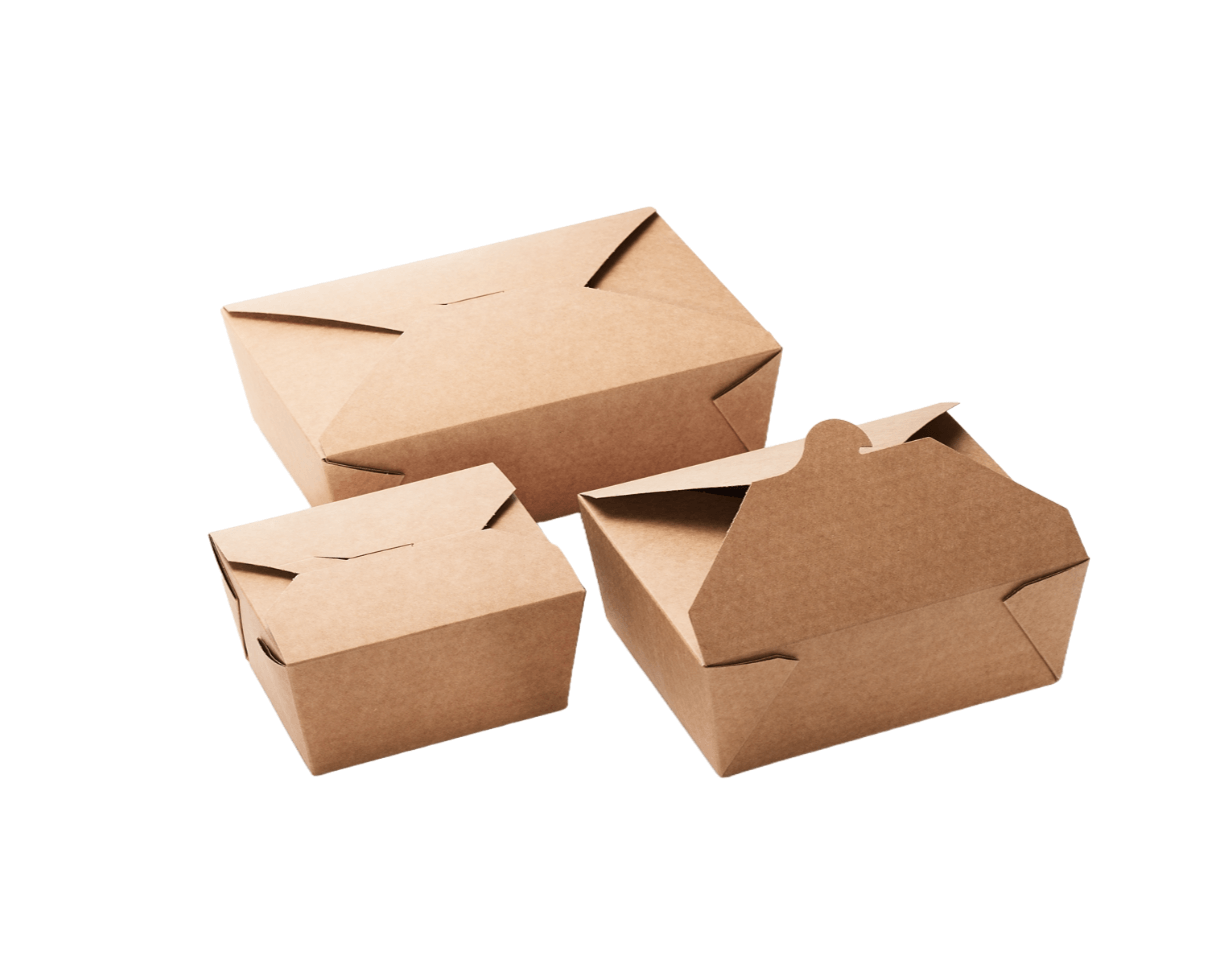 Three leakproof kraft bio boxes – eco-friendly, grease-resistant, microwaveable packaging for hot, cold, wet, and dry foods