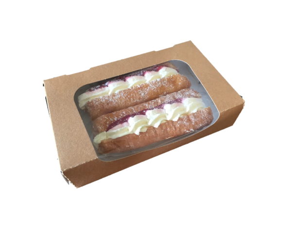 Medium kraft window box (198x118x40mm) with 2 jam and cream doughnuts for illustration purposes– eco-friendly, recyclable bakery packaging