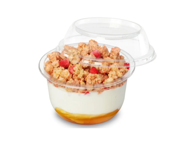 Trifle and dessert pots with lids – made from Prevented Ocean Plastics, 100% recyclable eco-friendly packaging for desserts. Granola and yoghurt filling.