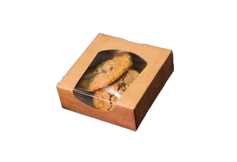 Small kraft window box (118x118x40mm) with biscuits for illustration purposes – eco-friendly, recyclable bakery packaging