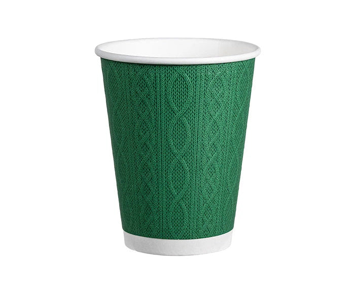 A green paper cup with a textured cable-knit pattern and white rim and base, shown on a plain white background.