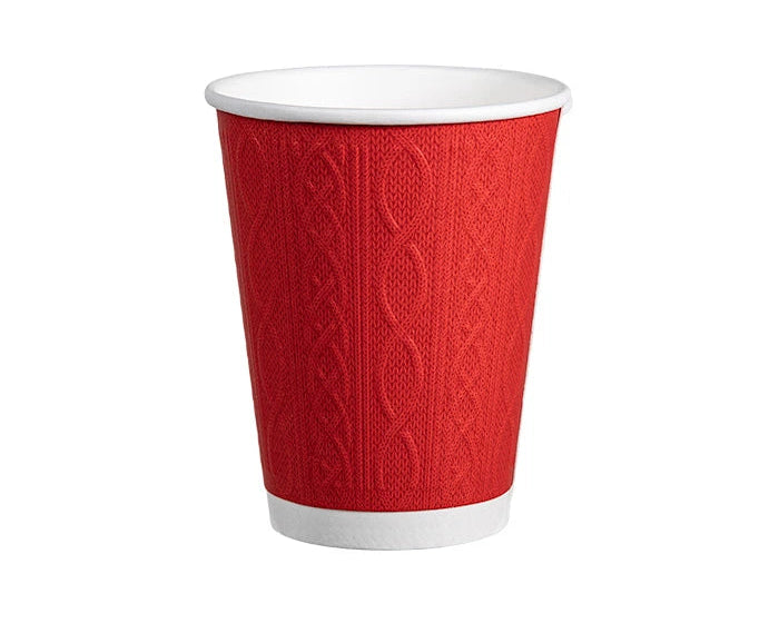 A red paper cup with a textured cable-knit pattern on the exterior and white interior and rim, isolated on a white background.