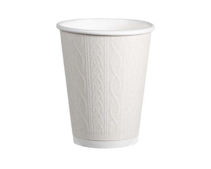 A single white paper cup with a textured cable-knit pattern on the exterior, shown against a plain white background.