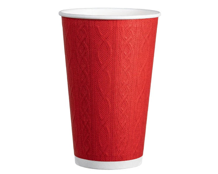 A red paper hot cup with a textured cable-knit pattern and white rim and base, shown on a plain white background.