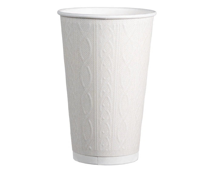 A white paper hot cup with a textured cable-knit pattern and white rim and base, shown on a plain white background.