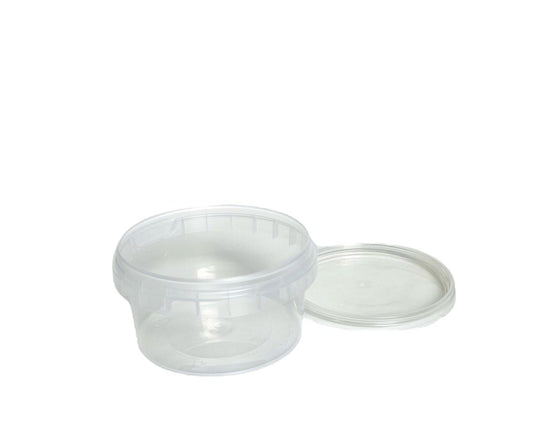 A clear plastic tamper evident pot with lid, commonly used for food packaging. 210ml clear tamper evident tamper proof plastic pot for soups and meals