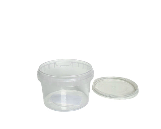 A clear plastic tamper evident pot with a matching lid, both items are empty and displayed against a white background. 280ml clear tamper evident tamper proof plastic pot for soups and meals