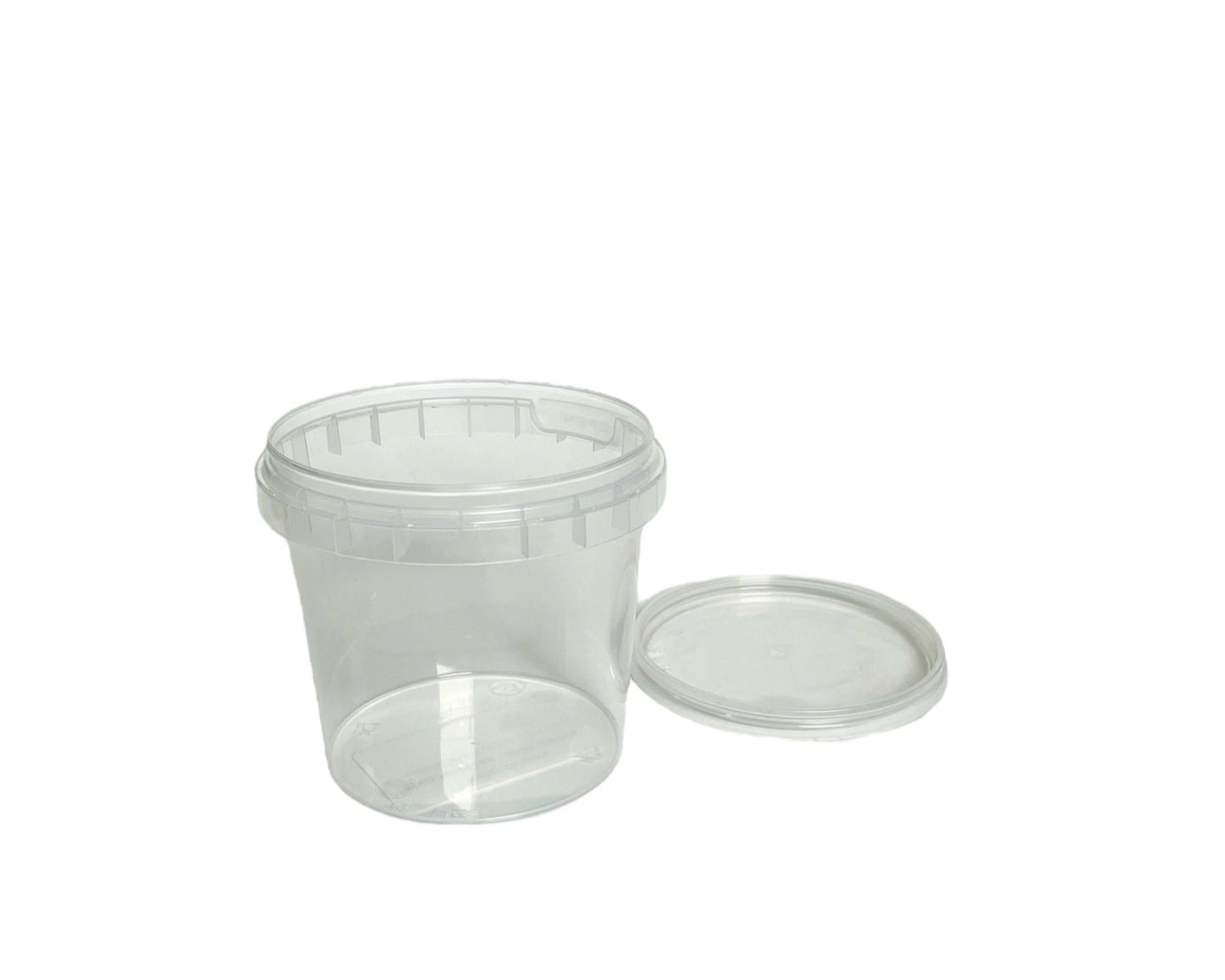 A clear plastic tamper evident pot with a matching lid, both items are empty and displayed against a white background. 365ml clear tamper evident tamper proof plastic pot for soups and meals