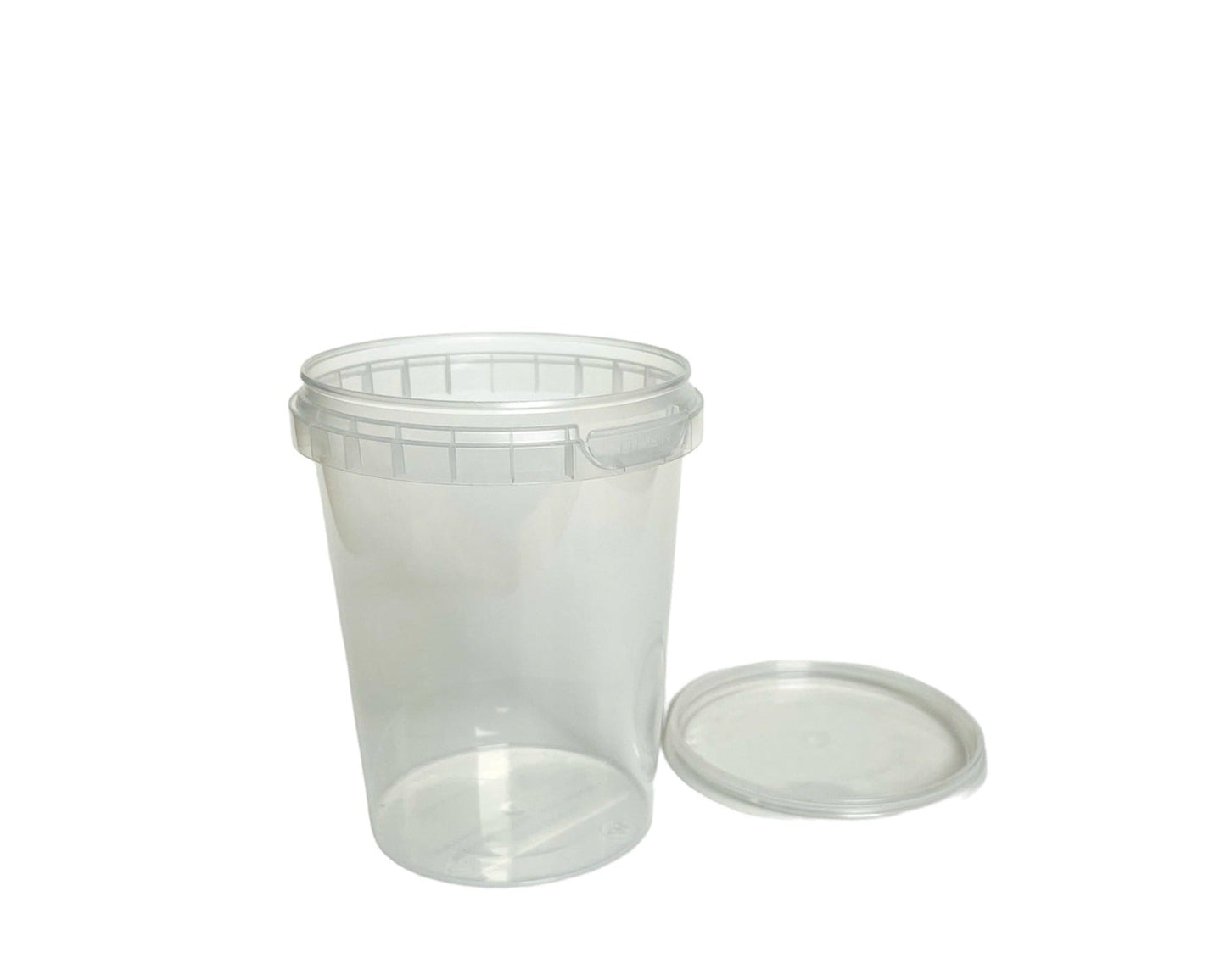 A clear plastic tamper evident pot with a matching lid, both items are empty and displayed against a white background. 480ml clear tamper evident tamper proof plastic pot for soups and meals