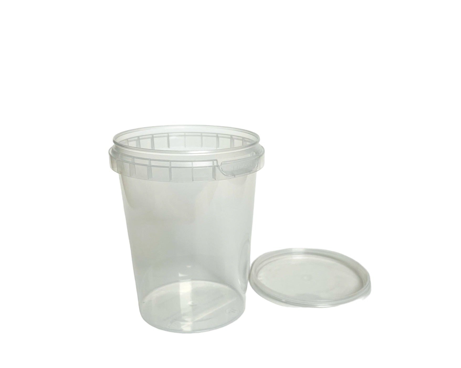 A clear plastic tamper evident pot with a matching lid, both items are empty and displayed against a white background. 480ml clear tamper evident tamper proof plastic pot for soups and meals