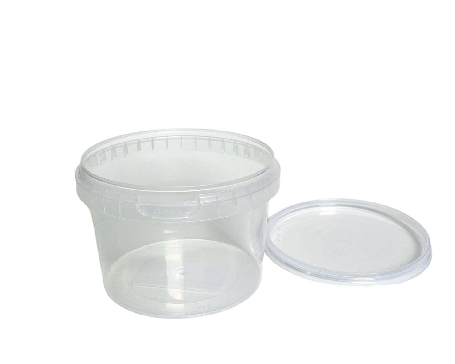 A clear plastic tamper evident pot with a matching lid, both items are empty and displayed against a white background. 565ml clear tamper evident tamper proof plastic pot for soups and meals