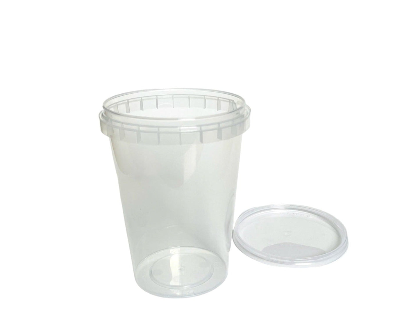 A clear plastic tamper evident pot with a matching transparent lid, both items are empty and displayed against a white background. 670ml clear tamper evident tamper proof plastic pot for soups and meals