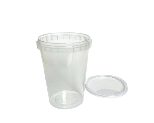 A clear plastic tamper evident pot with a matching transparent lid, both items are empty and displayed against a white background. 670ml clear tamper evident tamper proof plastic pot for soups and meals
