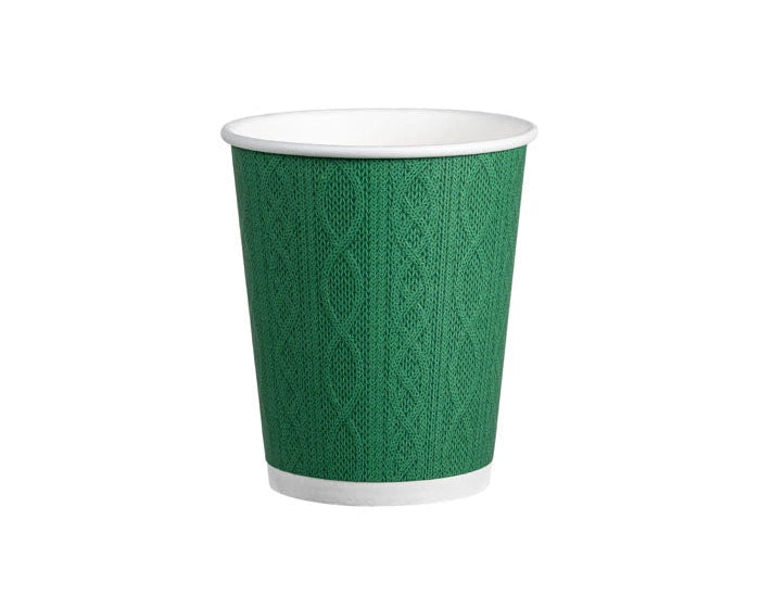 A single disposable paper cup with a green cable-knit pattern wrap and white rim and base, isolated on a white background.