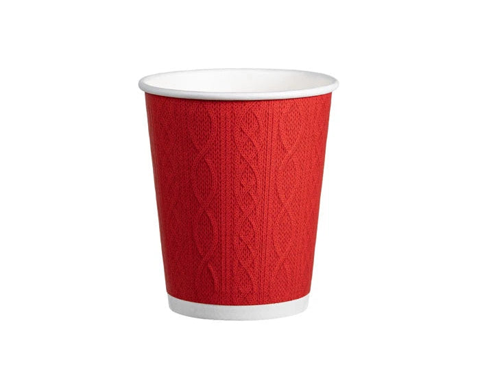 A red paper hot cup with a textured cable-knit pattern on the exterior and a white interior, shown on a plain white background.