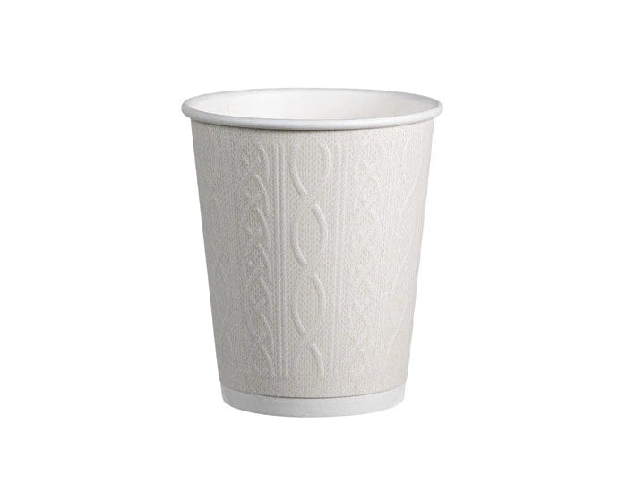 A single white disposable paper cup with a textured vertical cable-knit pattern, shown on a plain white background.
