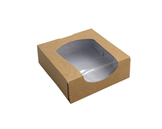 Small kraft window box (118x118x40mm) – eco-friendly, recyclable bakery packaging for cakes, pies, biscuits and dougnuts