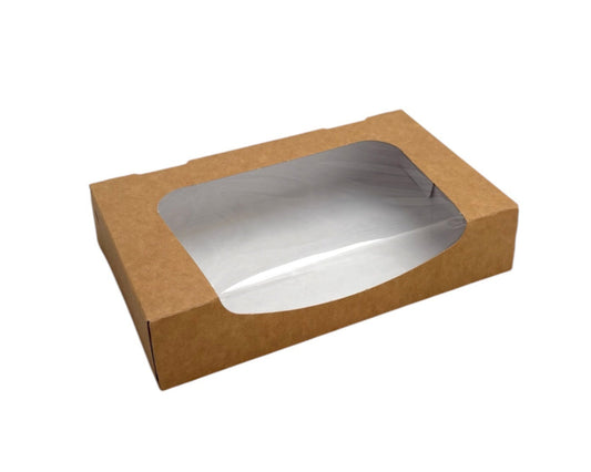 Medium kraft window box (198x118x40mm) – eco-friendly, recyclable packaging for cakes, biscuits, pies, and doughnuts