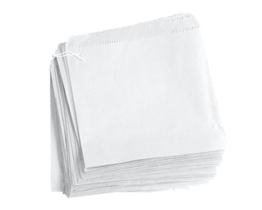 A stack of plain white paper bags with serrated edges and a small white string tie, shown on a white background.