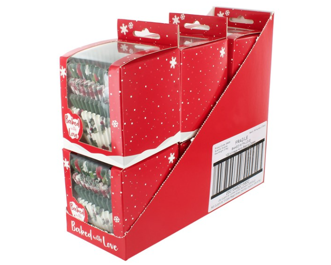 A red cardboard retail display box containing multiple packaged pairs of Christmas-themed cake cases supplies, shown on a plain white background.