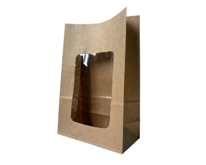 Brown paper bag with a clear window on a white background