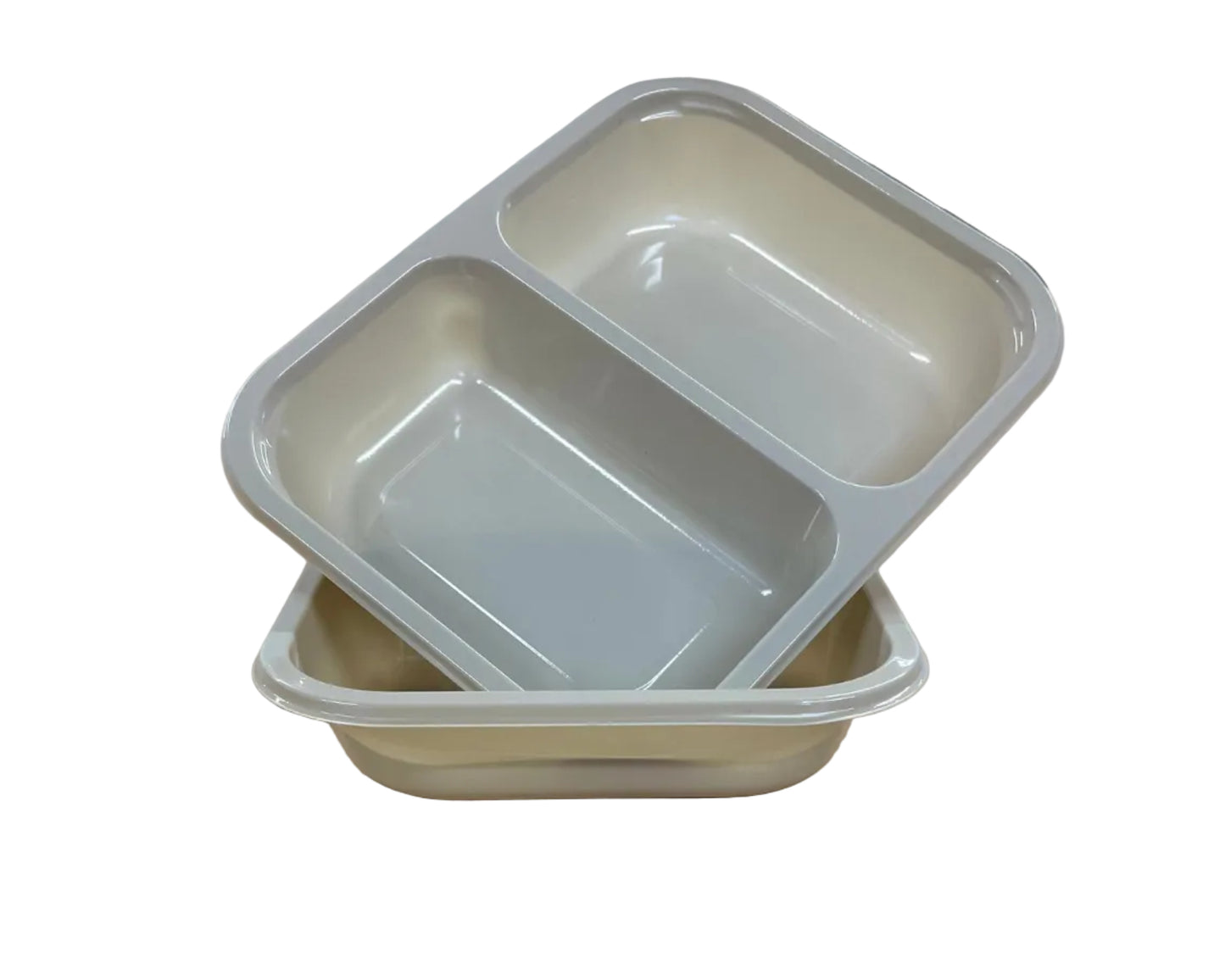 CPET ready meal tray two compartment – 200 x 155 x 35mm - two trays sitting together